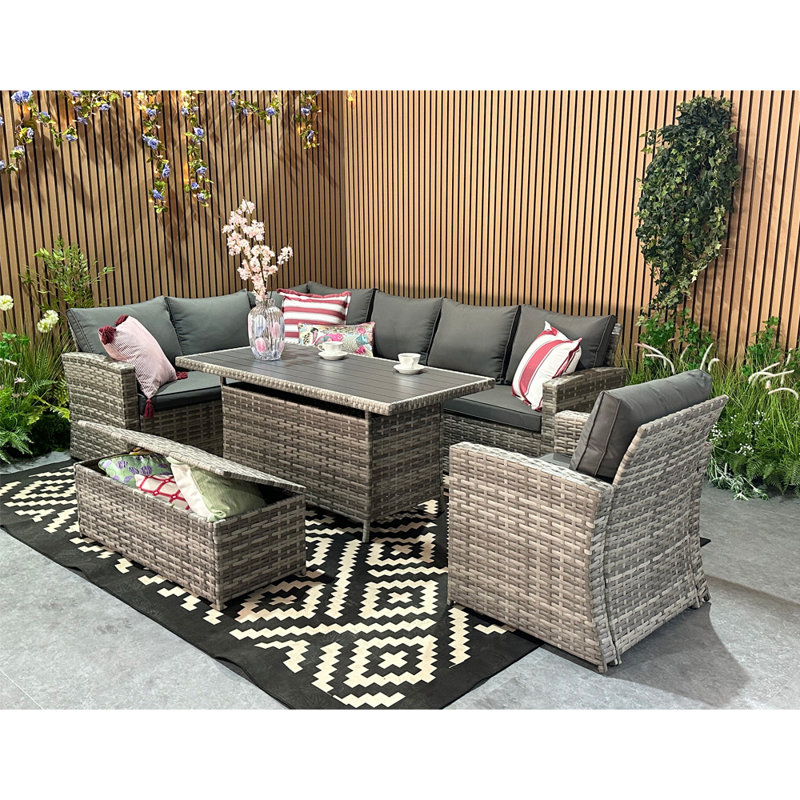 Rosen 9 Seater Aluminium Dining Table Top With Storage Bench And Armchair And Furniture Cover, Grey