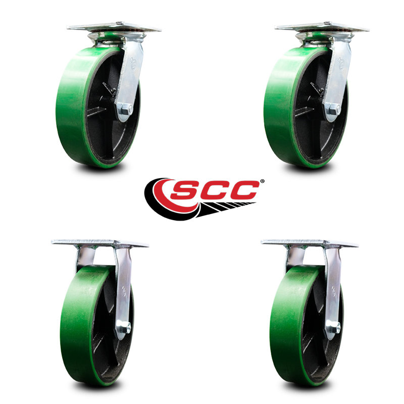 8 Inch Poly on Cast Iron Caster Set with Ball Bearings 2 Swivel 2 Rigid, Vert