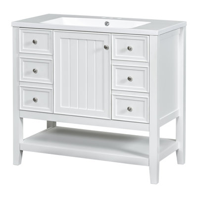 Meuble-lavabo blanc de 36 po, lavabo en céramique et bois massif en peuplier d'hévéa, une armoire, trois tiroirs, finition peinte, emplacement de lavabo encastré au centre, tablette réglable à rebord plat de 36 po, fixation pour robinet de 4 po