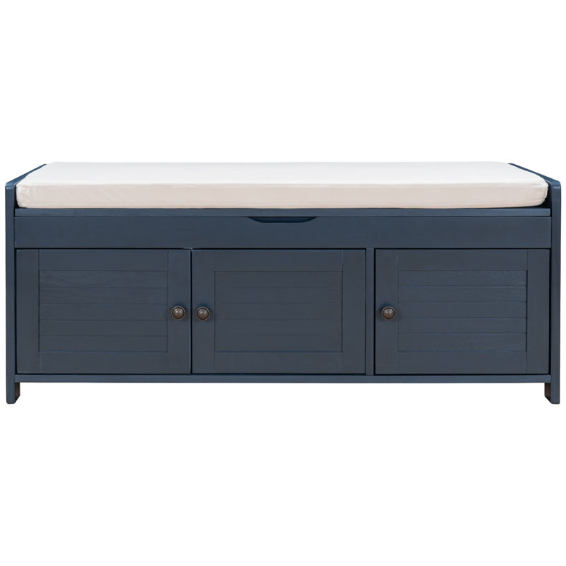 Banc de rangement avec 3 portes en forme de volet, banc à chaussures avec coussin amovible et espace de rangement caché 
