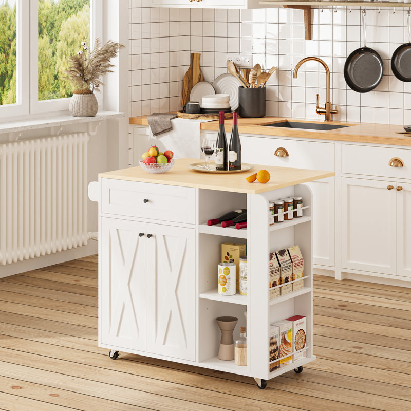 Kitchen Island With Wine Rack, 39"w X 33"h Rolling Kitchen Island Cart With Drop Leaf, Lockable Wheel, 3 Spice Rack, 3 Open Shelves, Drawer, White