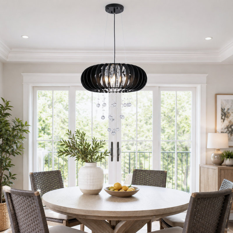 6 - Light Wood Caged Crystal Dimmable Chandelier