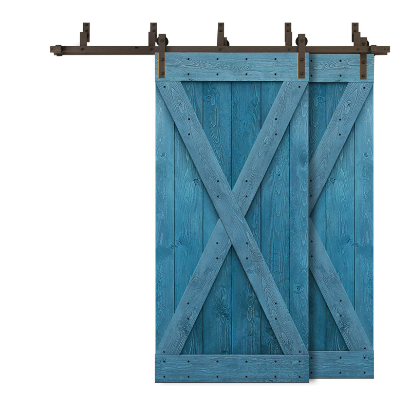Porte de grange double à panneaux en bois teinté à panneau avec ensemble de quincaillerie coulissante, 60 po x 84 po