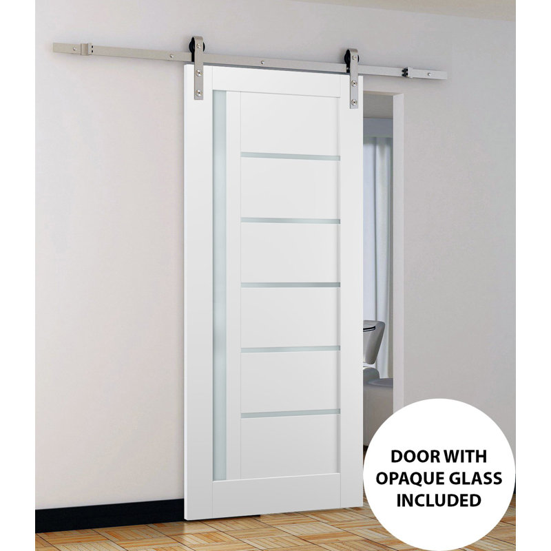 Porte de grange robuste Quadro 4088 Blanc Soie avec verre dépoli, rail de 2 m, quincaillerie renforcée, portes intérieures à panneaux pleins - 76 cm x 244 cm - Verre dépoli - Rail argenté