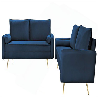 Ensemble de canapé en velours assorti 2 pièces, canapé et causeuse 2 places, ensemble de canapé clouté moderne avec pieds en métal doré pour le salon