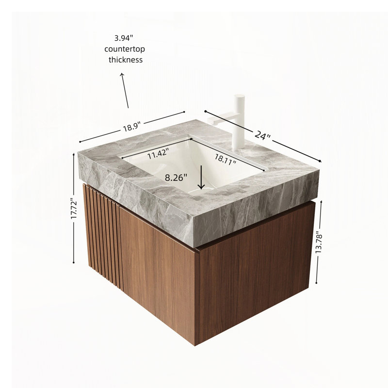 Meuble-lavabo 24 po avec lavabo, armoire de rangement en contreplaqué flottant avec 2 portes, Gris clair, Chêne brun