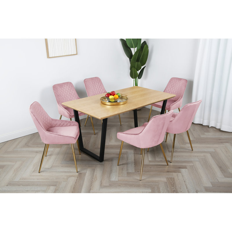 Mely 6 - Person Dining Set, Oak, Pink/Gold