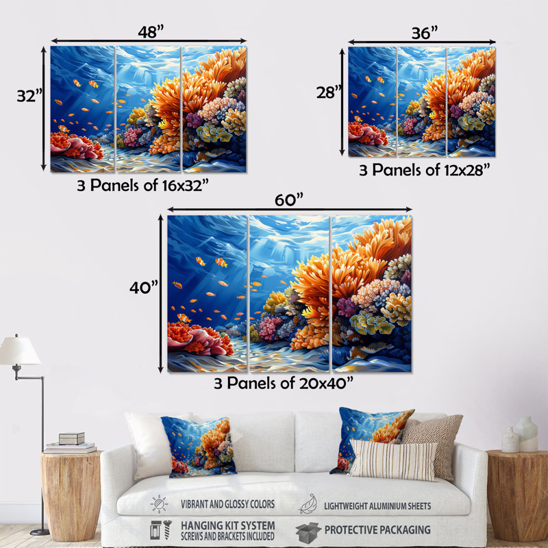 Grande barrière de corail brun-bleu II «Grande barrière de corail brun-bleu II» 3 pièces, Sans cadre