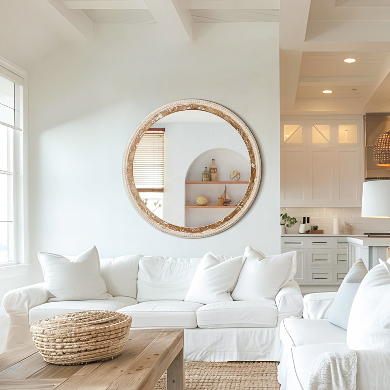 36''x36'' Wood Wall Framed Vintage White Finish Round Mirror With Beaded Detailing For Living Room, 36" x 36"