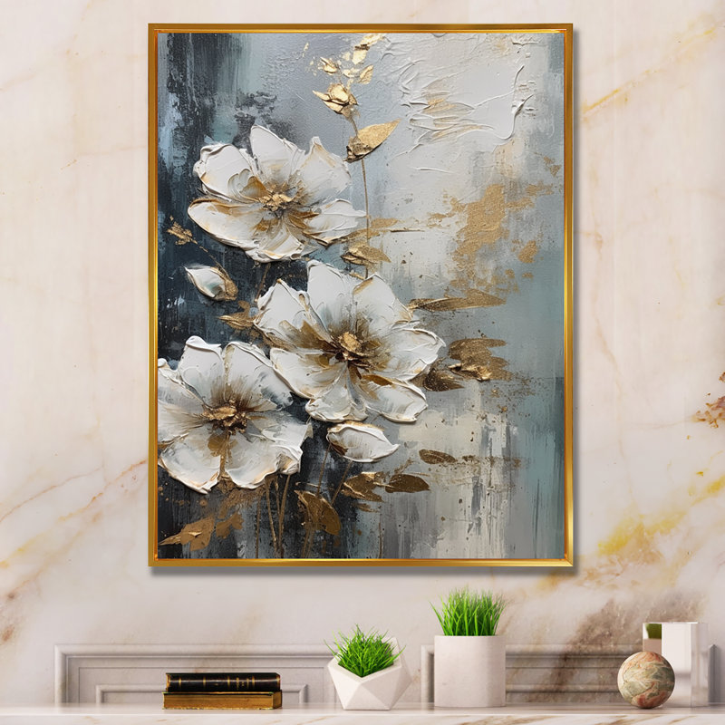 Romanus, or blanc, pommier, symphonie III sur toile, H 20 po x l 12 po x P 1 po, Cadre flottant doré