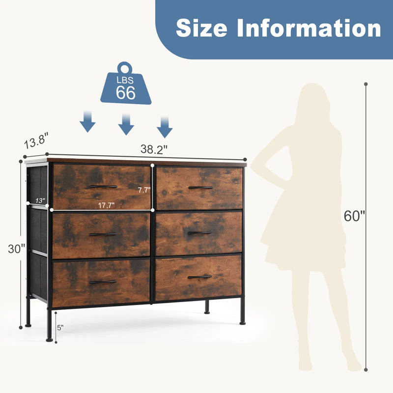 6-drawer Fabric Dresser Storage Tower With Wood Top And Metal Frame, Chest Of Drawers For Bedroom Closet Nursery, Tv Stand With Anti-tip Safety