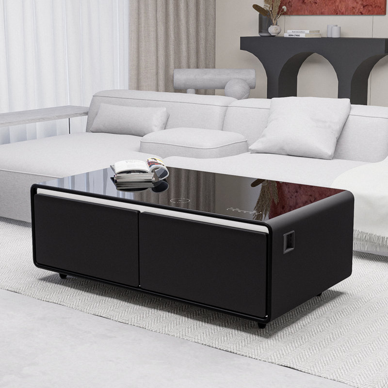 Black High Gloss Smart Coffee Table with Storage and Built-in Fridge