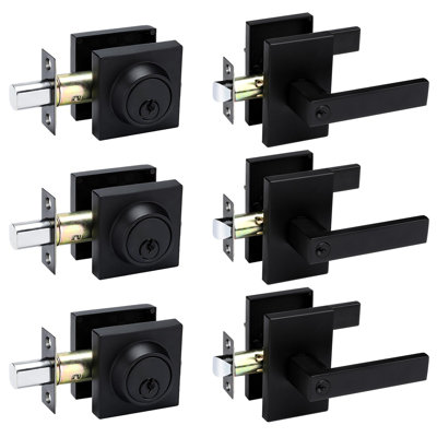 Square Contemporary Matte Black Door Lever Set with Deadbolt, Heavy-Duty Zinc Alloy Exterior Front Door Lock Hardware, 3 Pack
