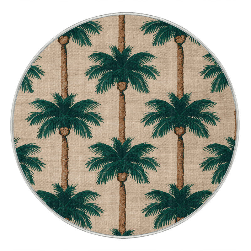 Washable Coconut Palm Grove Coastal Area Rug, Round 5'