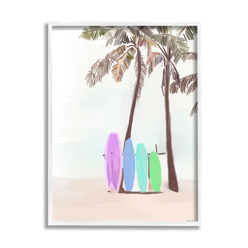 Impression sur planches de surf sur palmiers encadrée sur bois par Amelia Noyes, H 20 po x l 16 po x P 1,5 po