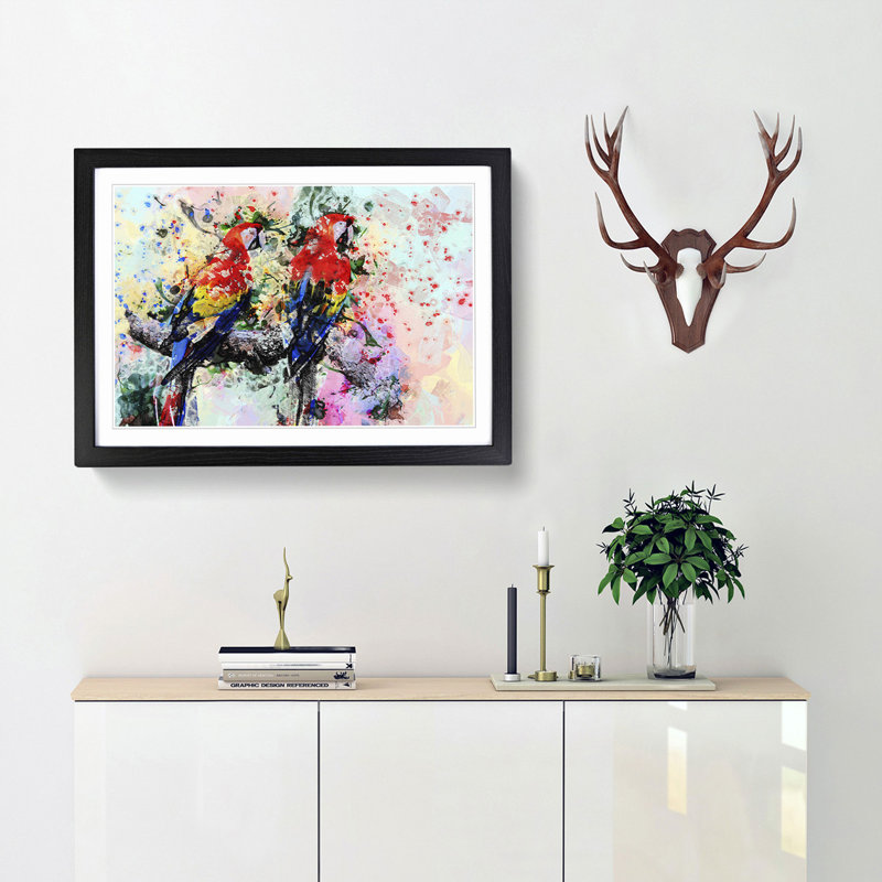 Two Rainbow Macaw Parrots in Abstract - Picture Frame Painting Print, Black Framed, 27cm H x 36cm W x 2cm D