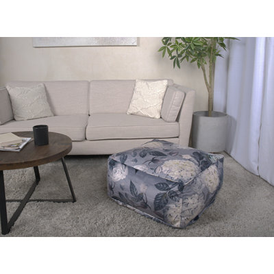 Hazel Large Square Pouf, Flower Print On Grey