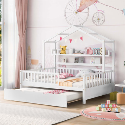 Lit double en bois avec lit gigogne simple et tablettes, idéal pour le jeu et le sommeil des enfants, blanc