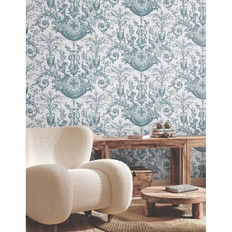 Avian Fountain Toile Wallpaper Roll, Jade