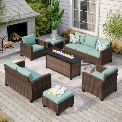 Salem 9 - Person Outdoor Wicker Patio Conversation Furniture Set with Fire Pit Table