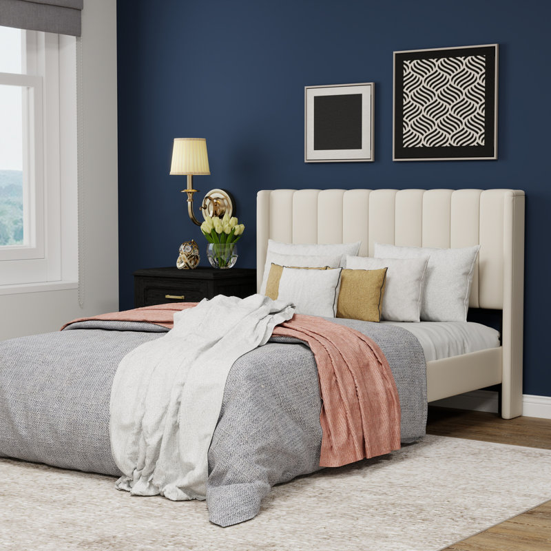 Upholstered Wingback Platform Bed, Beige, Full