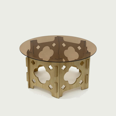 Bekko Round Coffee Table with Glass Top, Carved Natural Wood Base 32 Inch