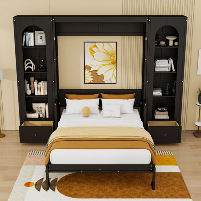 Queen Wood Murphy Bed with Storage Drawers, Shelves and LED Light Strips