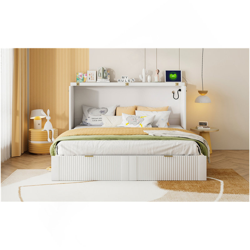 Lit escamotable double avec tiroir et un ensemble de prises et ports USB, structure à poulie, gris, Lit double, Gris