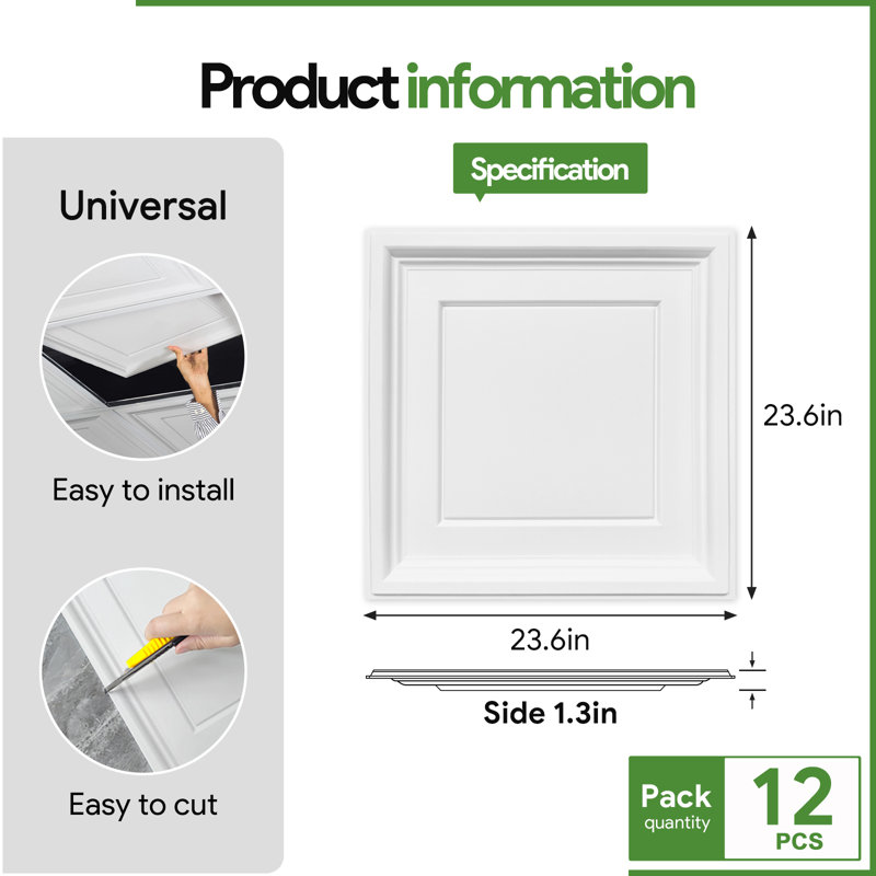 Fasarxiu 12Pcs 2 Ft. X 2 pi Carreau de plafond carré en PVC - très épais, imperméable, ignifuge, réutilisable (48 pieds carrés / caisse)