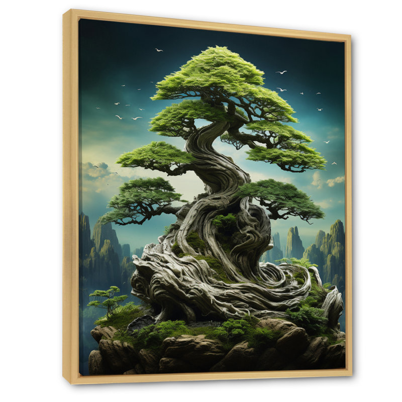 Art asiatique, sagesse bonsaï II, H 20 po x l 12 po x P 1 po, Toile naturelle avec cadre flottant
