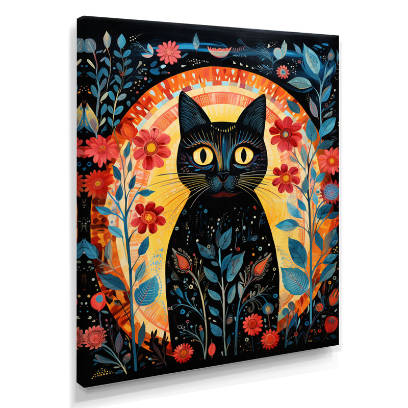 «Black Boho Flower Cat - Cat», reproduction d'art murale, H 32 po x l 24 po x P 1 po, Toile tendue