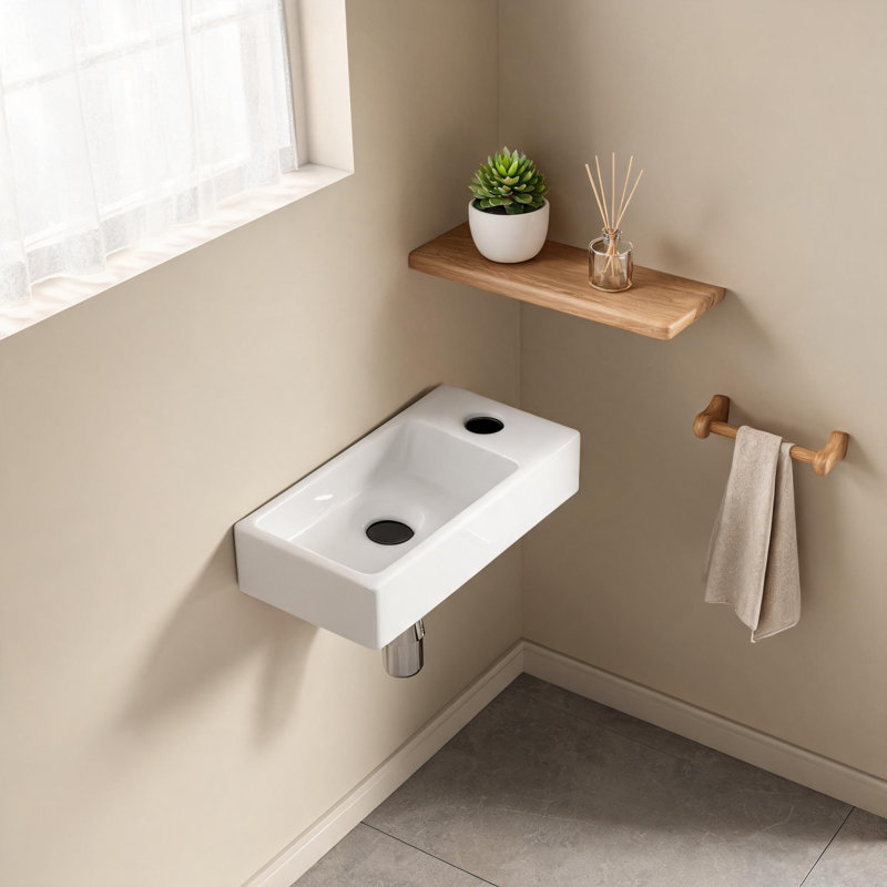 Lavabo mural rectangulaire en céramique blanc laiteux de 38 cm (15 pouces) avec robinetterie à droite.