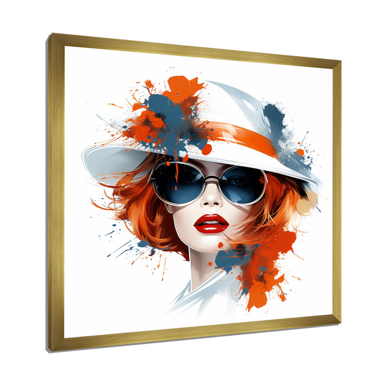 «Orange Fashion Woman with Hat - Woman Pop», art mural, Cadre doré simple, H 30 po x l 30 po x P 1,5 po