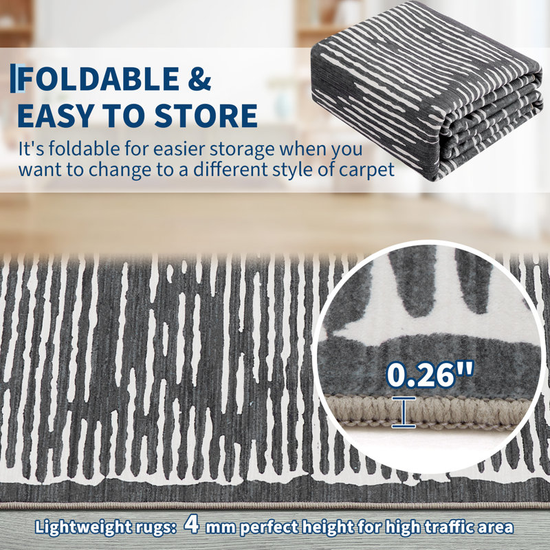 Ultra Thin Washable Geometric Area Rug for Living Room – Soft Non-Slip Low Pile Carpet – Neutral Black Gray – Modern Home Decor – 8x10ft, USA