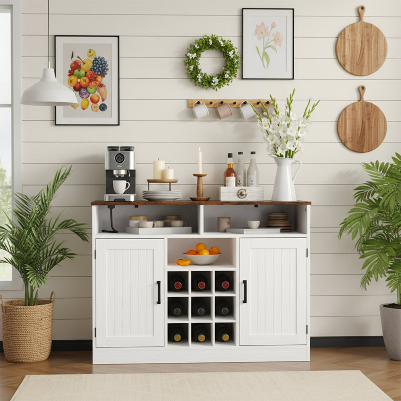 Farmhouse Buffet Cabinet With Prower Outlets, Rustic Sideboard Buffet With Wine Rack, Wooden Buffet Table For Dining Room, Antique White