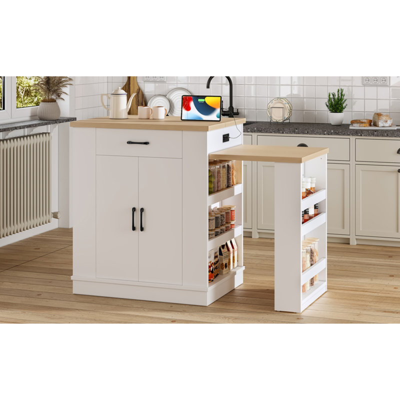 Extendable Island Console With Drawers, Double-Door Cabinet, And Open Shelving. Serves As Dining Table, Temporary Breakfast Bar, And Afternoon Tea Lounge,White