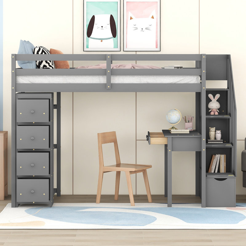 Lit mezzanine simple avec tiroirs Jalayshia Kids, Gris