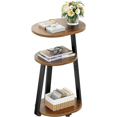 Side Table, Small End Table With Metal Frame, 3-tier Bedside Tables, Round Side Tables For Living Room Bedroom Couch Bathroom, Oval, Vintage Brown