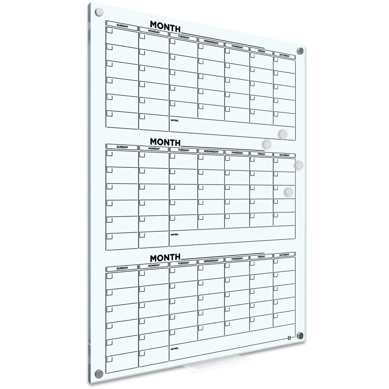Large Frameless Magnetic Glass Dry Erase Calendar 34" x 46"