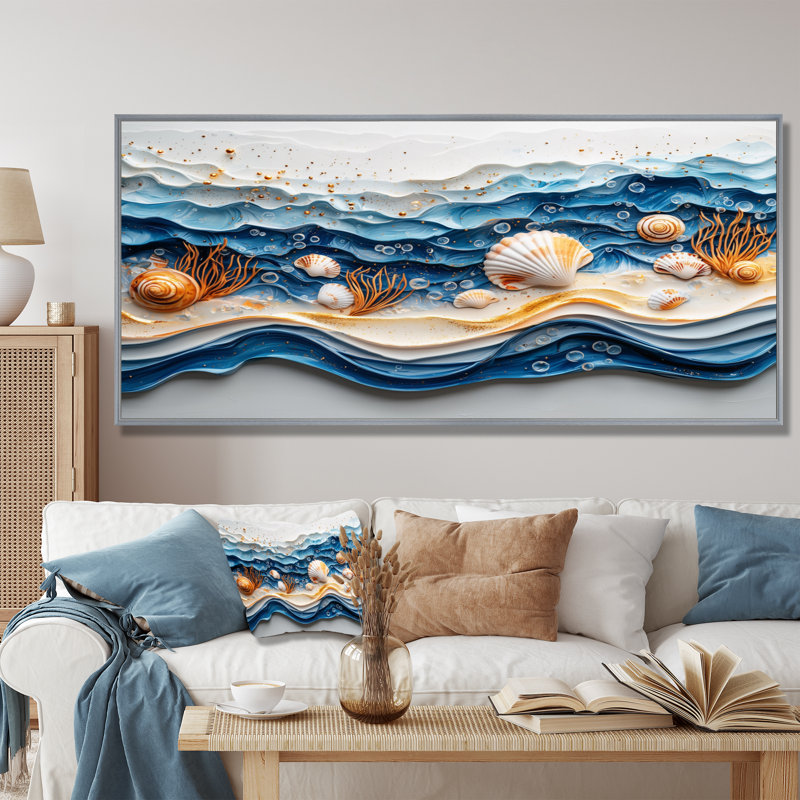 Abstrait coquillage et plage vue aérienne IV - art mural bord de mer, H 28 po x l 60 po, Cadre flottant, Argent argent