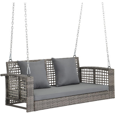 Balancelle d'extérieur en rotin avec coussins - Banc de balançoire en osier d'une capacité de 800 lb avec chaînes réglables pour le jardin, la cour, la pelouse et l'arbre, gris