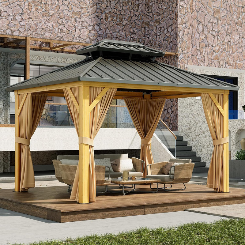 10x12 FT Heavy Duty Hardtop Gazebo Aluminum Frame with Netting and Sunshade Curtains Galvanized Steel Double Roof for Garden or Patio or Lawn Wood