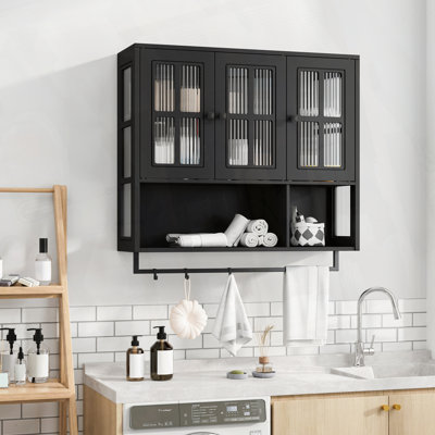 Bathroom Wooden Wall Cabinet with Glass Door Towel Bar and Mixed Storage Space