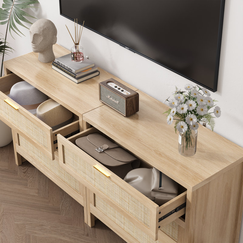 31.5" W  Rattan Drawers Dresser, Chest of 3 Drawers, Natural Wood Color, for Bedroom, Hallway, Living Room（Set of 2）