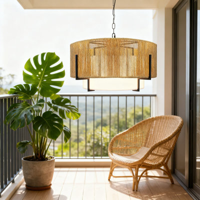 Lustre en rotin 5 lumières avec abat-jour en tissu, luminaire suspendu Boho tissé à la main pour salle à manger et îlot de cuisine, plafonnier de ferme réglable