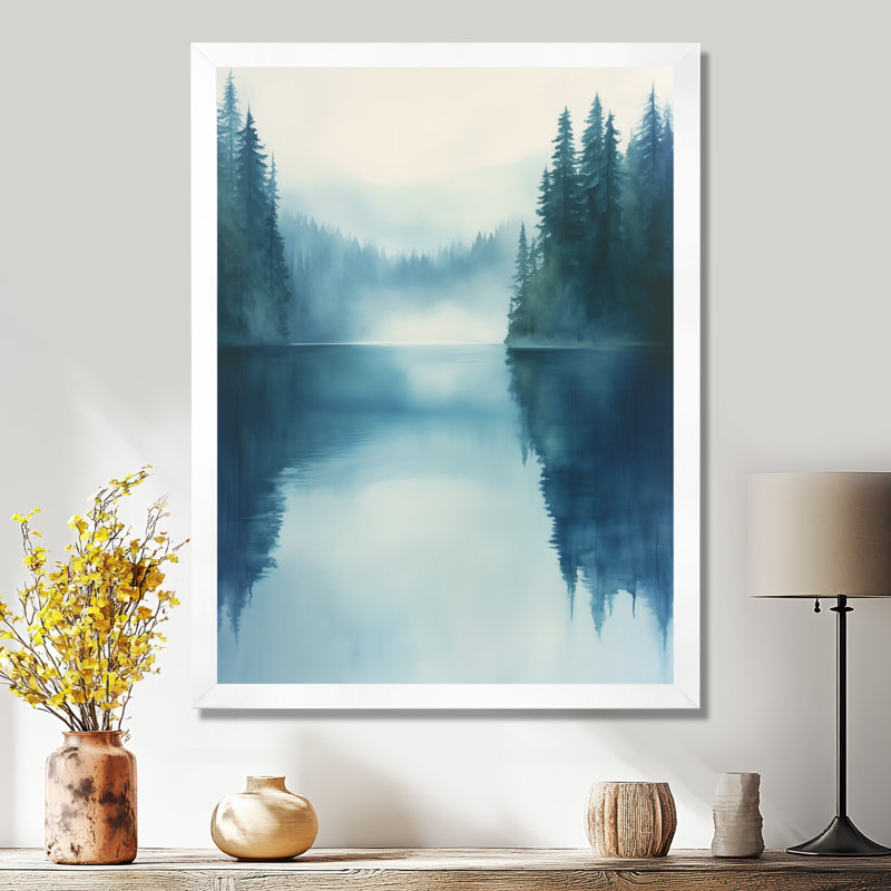 Reflet matinal d'un lac bleu-vert doux II - Tableau encadré de montagnes, H 32 po x l 24 po, White Picture Framed