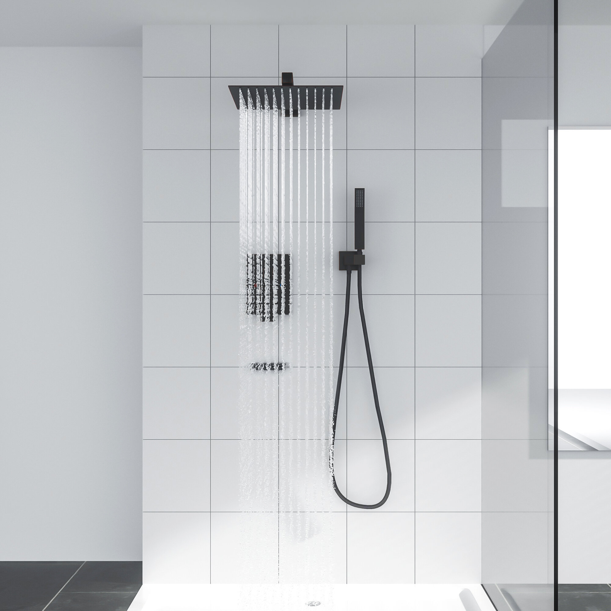 BESy Rainfall Shower Faucet with 12 Inch Rain Shower Head and Wall