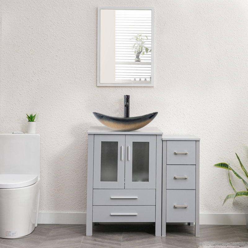 Breahnna 36'' Free Standing Single Bathroom Vanity with Manufactured Wood Top, Vessel Sink, Faucet, Drain, Gray, Silver