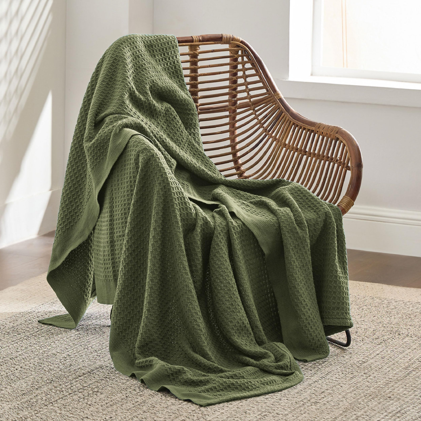 Bedsure Cotton Waffle Weave Throw Blanket, Twin XL, Olive Green