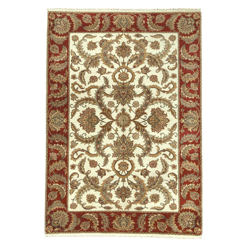 Tapis ivoire et rouge noué à la main de haute qualité